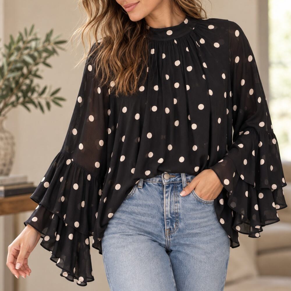 & Other Stories Polka Dot Blouse Black Bell Sleeve Oversized Flowy Romantic Boho